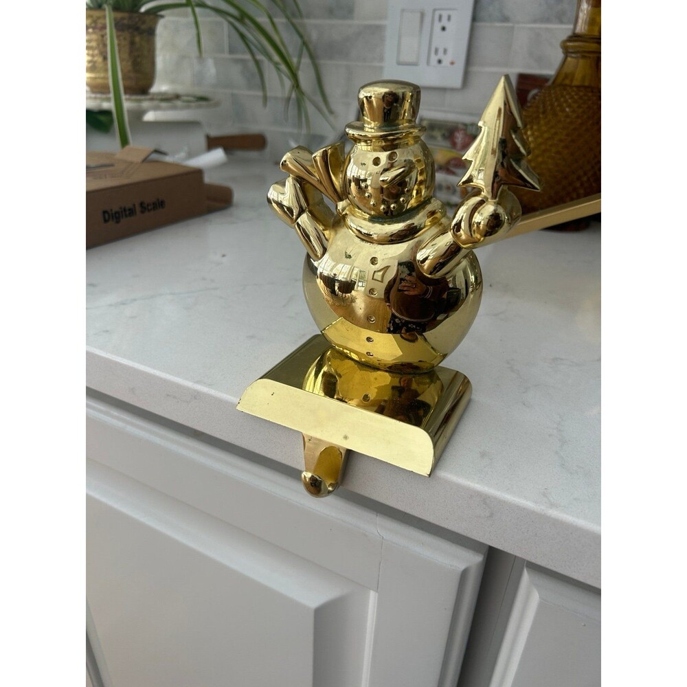 Heavy Polished Brass Vintage Snowman Stocking Holder